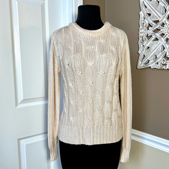Magaschoni Sweaters - ⭐️ Magaschoni Shiny Cable Knit Round Neck Pullover Sweater Size LARGE Cream